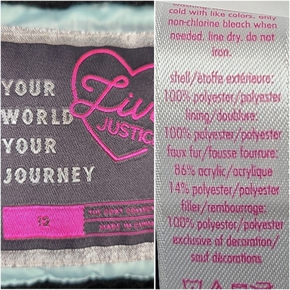 JUSTICE Girls' Teal Hooded Puffer Winter Coat Size 12 - Picture 14 of 16